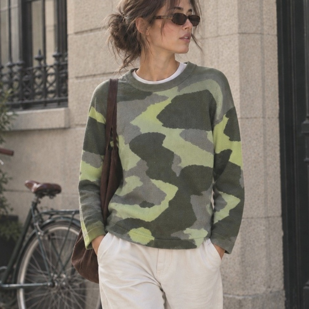The Cashmere Project Sweater Camo Ribbed Knit M Green 100% Cashmere Gorpcore Lux